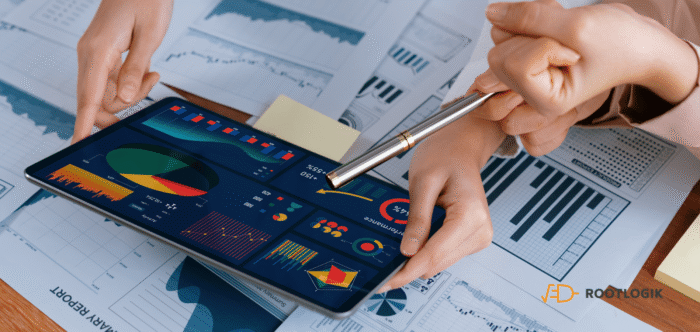 Führungskraft analysiert KPI-Dashboard auf modernem Business-Cockpit