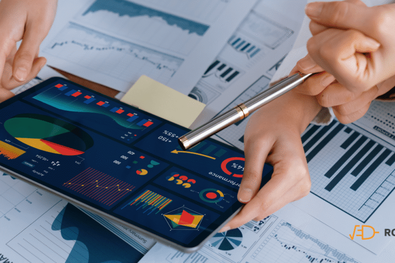 Führungskraft analysiert KPI-Dashboard auf modernem Business-Cockpit